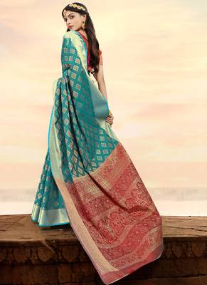 Dark Turquoise Faux Silk Blend Party Wear Sarees 2