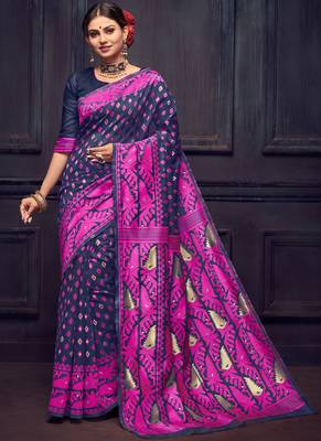 Navy Blue Silk Blend Party Wear Sarees 1