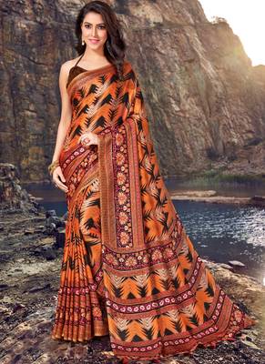 Dark Orange Jute Cotton Jute Sarees 1