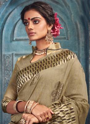 Light Olive Faux Silk Blend Cotton Silk Sarees 2