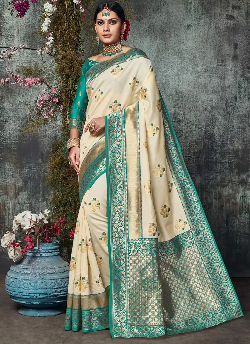 Teal Jacquard Silk Deisgner Saree