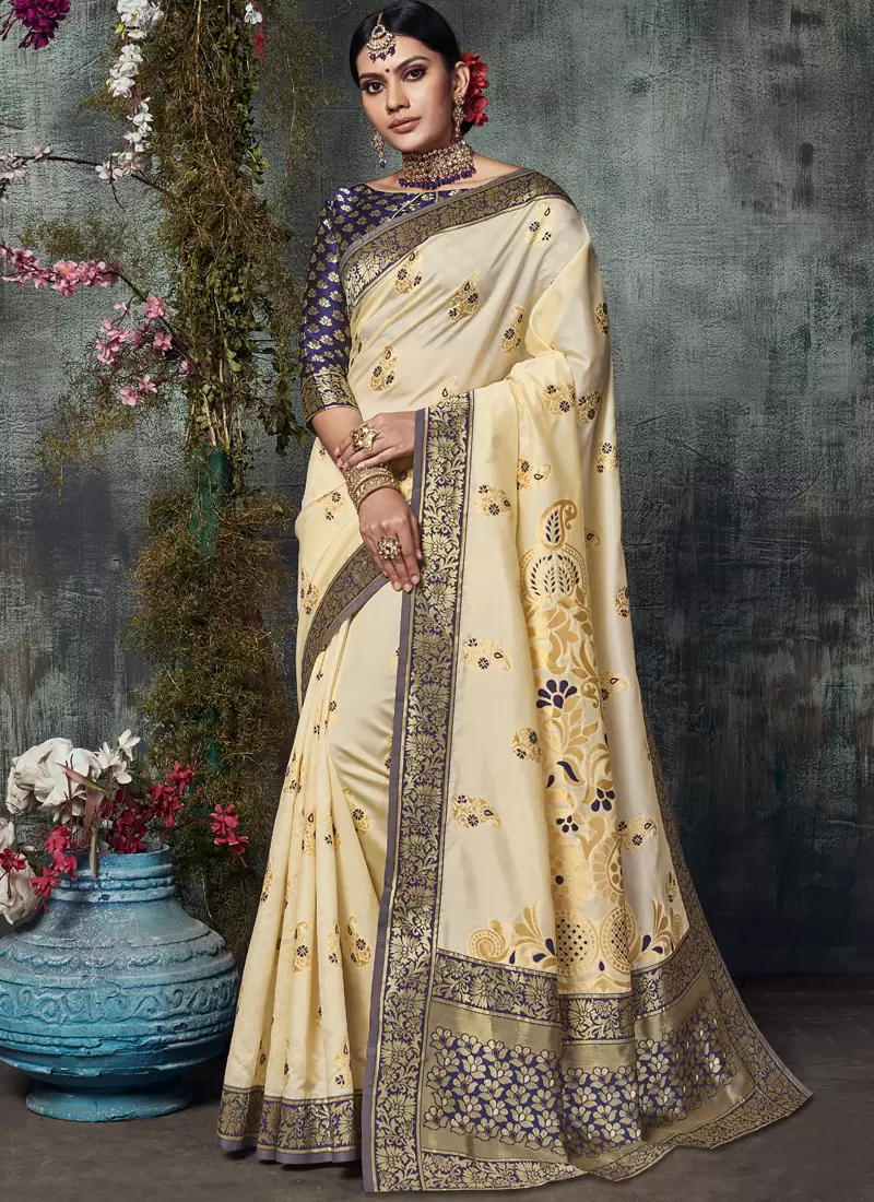 Navy Blue Jacquard Silk Deisgner Saree