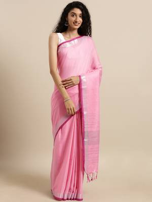 Baby pink plain linen saree with blouse 1