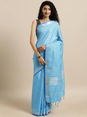 Light blue plain linen saree with blouse 1