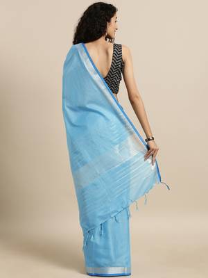 Light blue plain linen saree with blouse 2