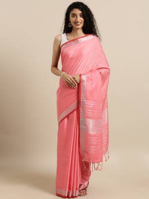 Peach plain linen saree with blouse 1