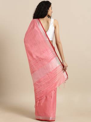 Peach plain linen saree with blouse 2
