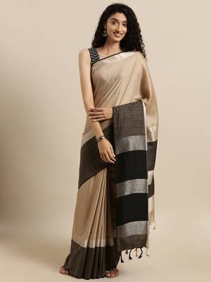 Brown plain linen saree with blouse 1