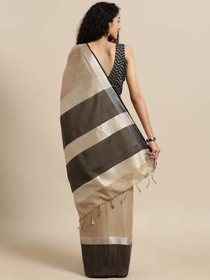 Brown plain linen saree with blouse 2