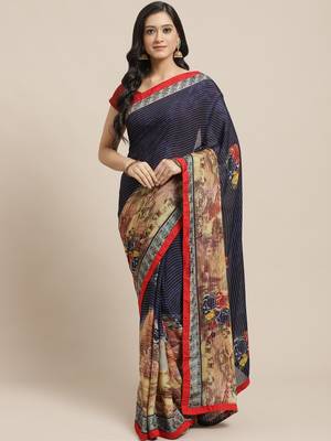 Navy blue printed georgette saree with blouse 1