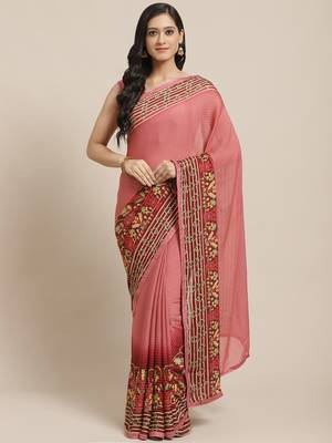 Pink printed georgette saree with blouse 1