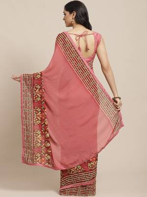 Pink printed georgette saree with blouse 2