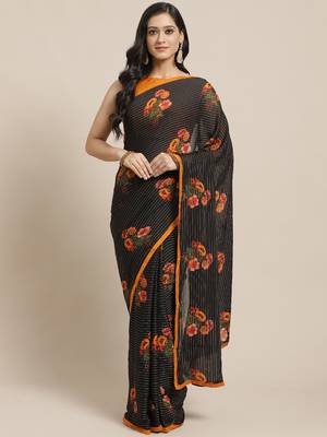 Black printed georgette saree with blouse 1