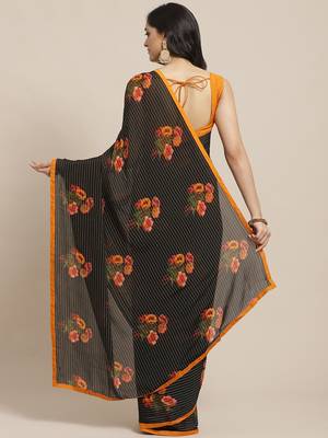 Black printed georgette saree with blouse 2