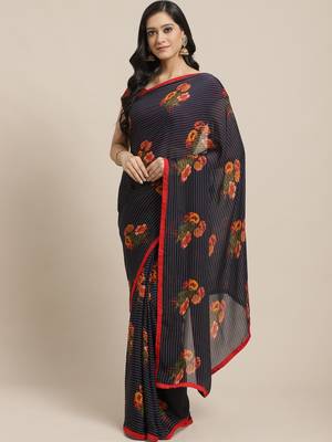 Blue printed georgette saree with blouse 1