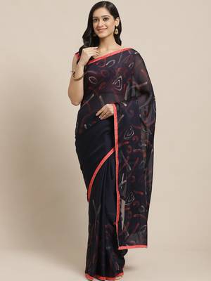 Navy blue printed georgette saree with blouse 1