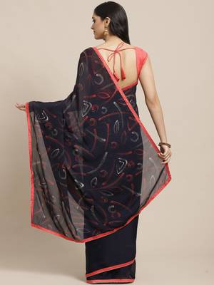 Navy blue printed georgette saree with blouse 2