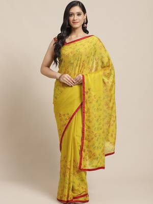 Mustard printed georgette saree with blouse 1