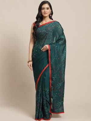 Dark green printed georgette saree with blouse 1