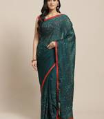Dark green printed georgette saree with blouse