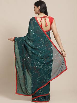 Dark green printed georgette saree with blouse 2