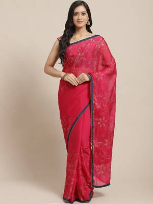 Pink printed georgette saree with blouse 1