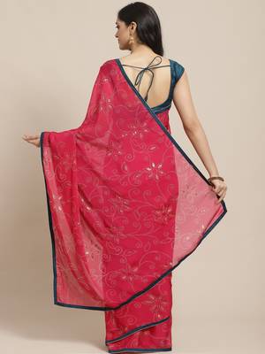 Pink printed georgette saree with blouse 2