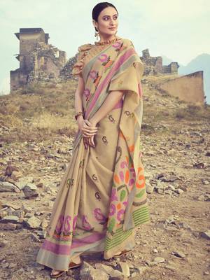Beige woven linen saree with blouse 1