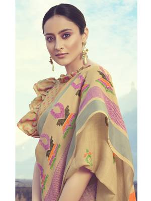 Beige woven linen saree with blouse 2