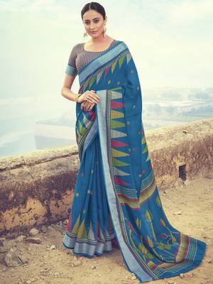 Sky blue woven linen saree with blouse 1