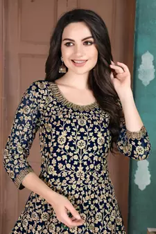 Navy-blue embroidered faux georgette salwar