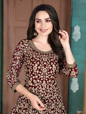 Eid Salwar Kameez Maroon Faux Georgette Embroidered Semi Stitched 2