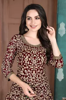 Eid Salwar Kameez Maroon Faux Georgette Embroidered Semi Stitched