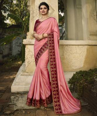 Baby pink embroidered silk blend saree with blouse 1