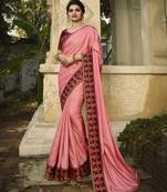 Baby pink embroidered silk blend saree with blouse