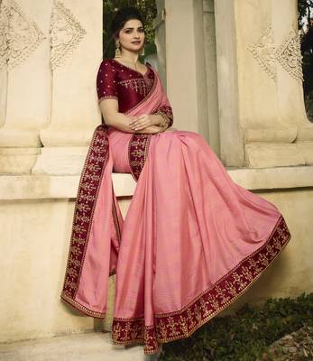 Baby pink embroidered silk blend saree with blouse 2