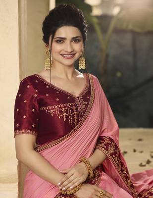 Baby pink embroidered silk blend saree with blouse 3