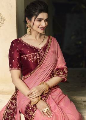 Baby pink embroidered silk blend saree with blouse 4