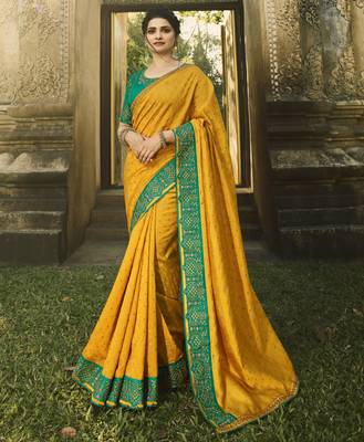 Mustard embroidered chiffon saree with blouse 1