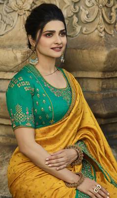 Mustard embroidered chiffon saree with blouse 2