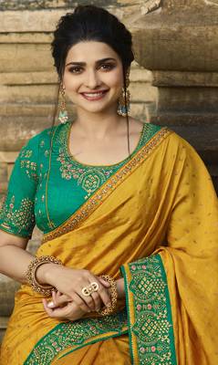 Mustard embroidered chiffon saree with blouse 3