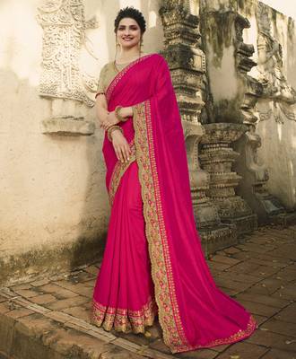 Dark pink embroidered raw silk saree with blouse 1
