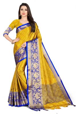 Yellow woven cotton silk saree with blouse 1