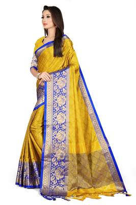 Yellow woven cotton silk saree with blouse 2