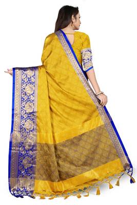 Yellow woven cotton silk saree with blouse 3