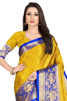 Yellow woven cotton silk saree with blouse 4
