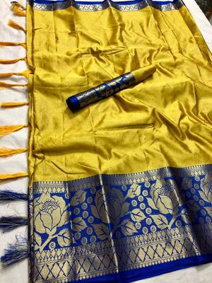 Yellow woven cotton silk saree with blouse 5