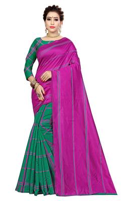 Green printed cotton silk saree with blouse 1