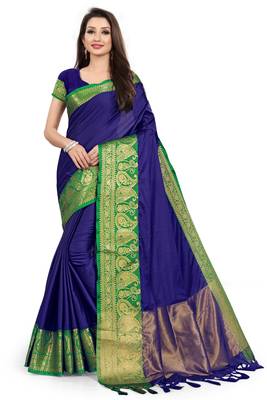 Blue Woven Cotton Silk Saree With Blouse 1