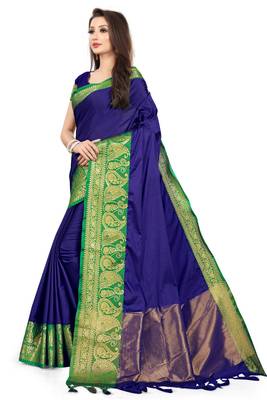 Blue Woven Cotton Silk Saree With Blouse 2